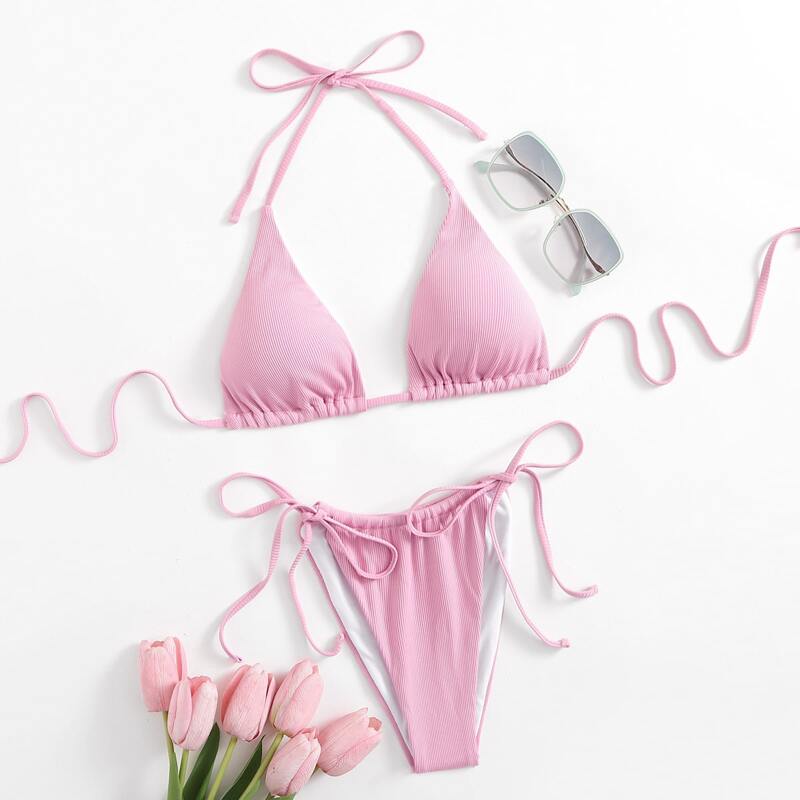 

Ribbed Triangle Tie Side Bikini Swimsuit, Pink