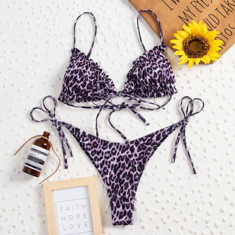 

Leopard Frill Tie Side Bikini Swimsuit, Purple