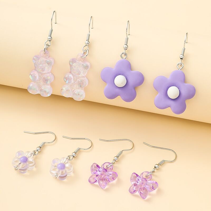

4pairs Floral & Butterfly Drop Earrings, Purple
