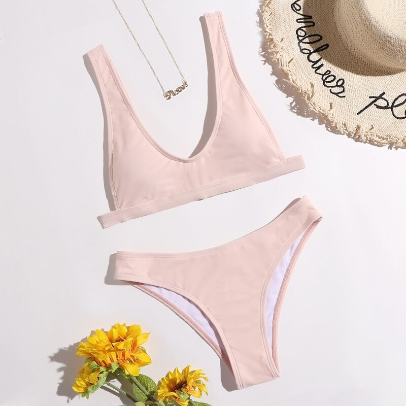 

Plain Scoop Neck Bikini Swimsuit, Pink