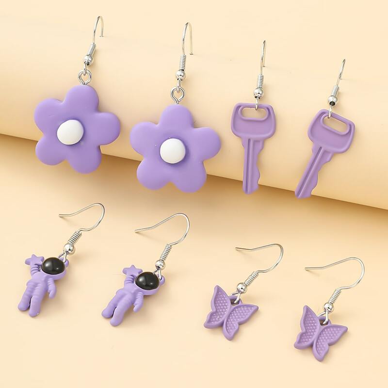 

4pairs Floral & Butterfly Drop Earrings, Purple