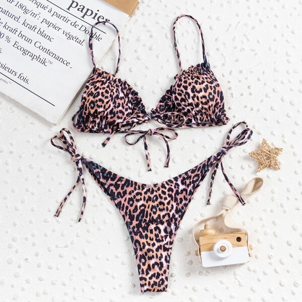 

Leopard Frill Tie Side Bikini Swimsuit, Multicolor