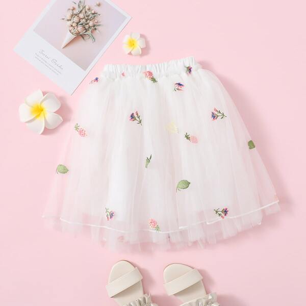 

Toddler Girls Floral Embroidery Tutu Skirt, White
