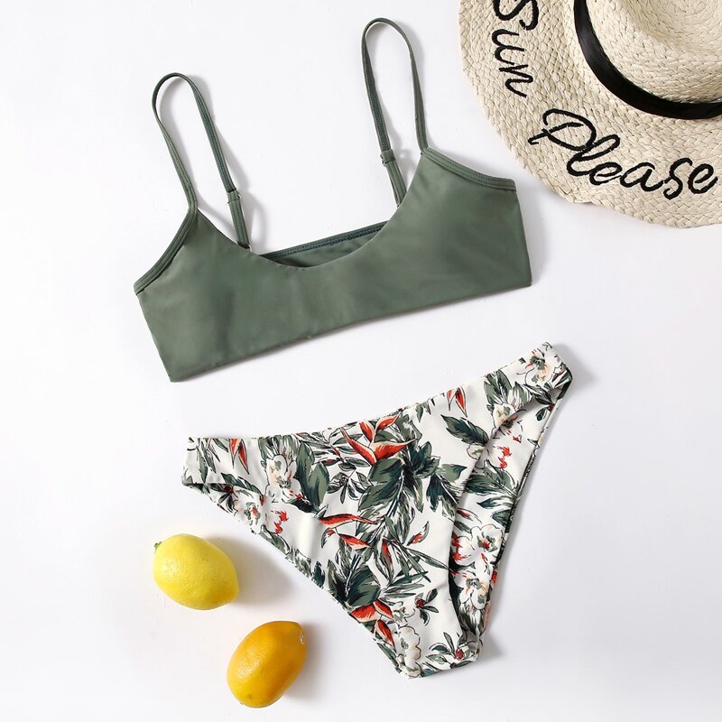 

Floral & Leaf Print Bikini Swimsuit, Multicolor