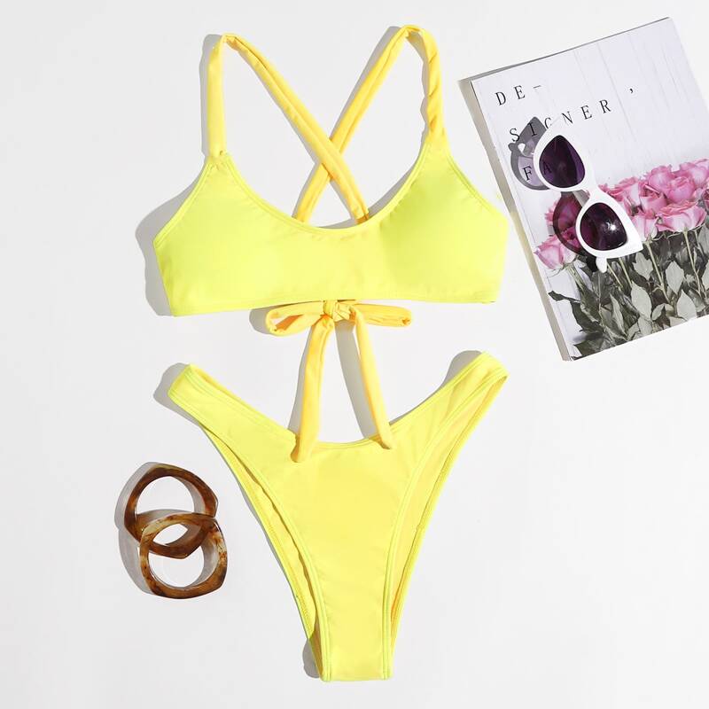 

Lace-up Back High Leg Bikini Swimsuit, Yellow