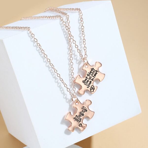 

2pcs Letter Engraved Puzzle Charm Necklace, Rose gold