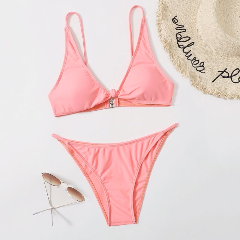 

Solid Knot Decor Bikini Swimsuit, Pink