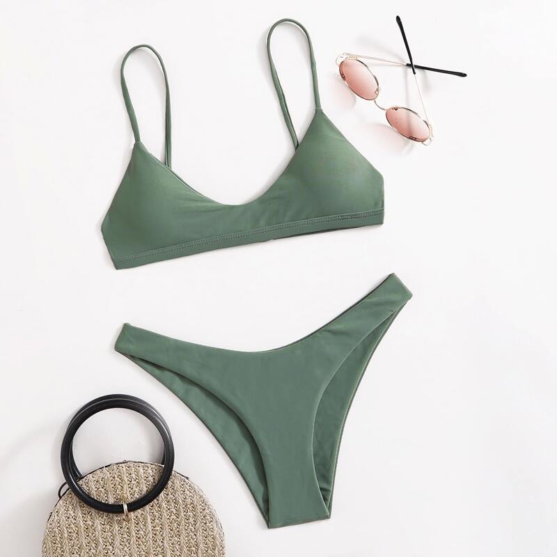 

Solid Cami Bikini Swimsuit, Army green