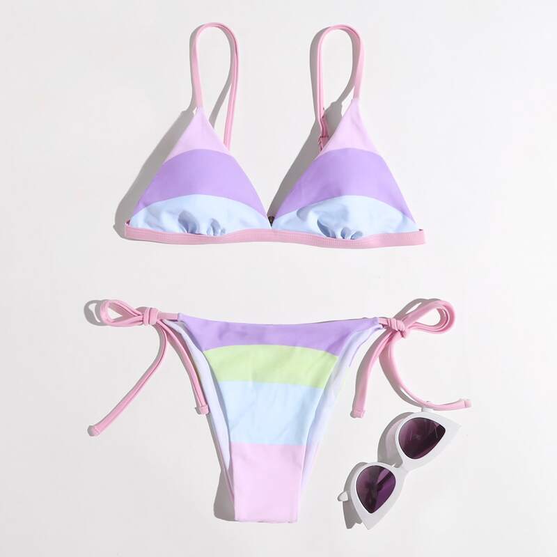 

Colorblock Tie Side Bikini Swimsuit, Multicolor
