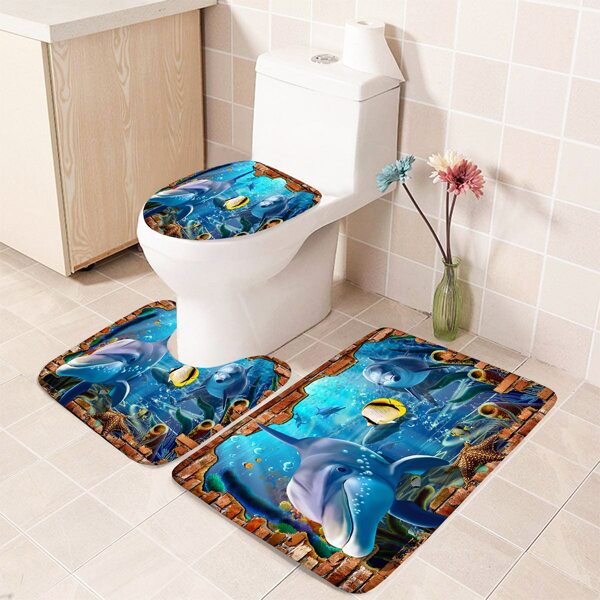 

1pc Dolphin Print Bathroom Non-slip Toilet Mat, Multicolor