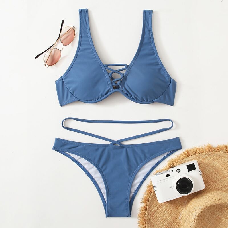 

Solid Lace-up Decor Bikini Swimsuit, Dusty blue