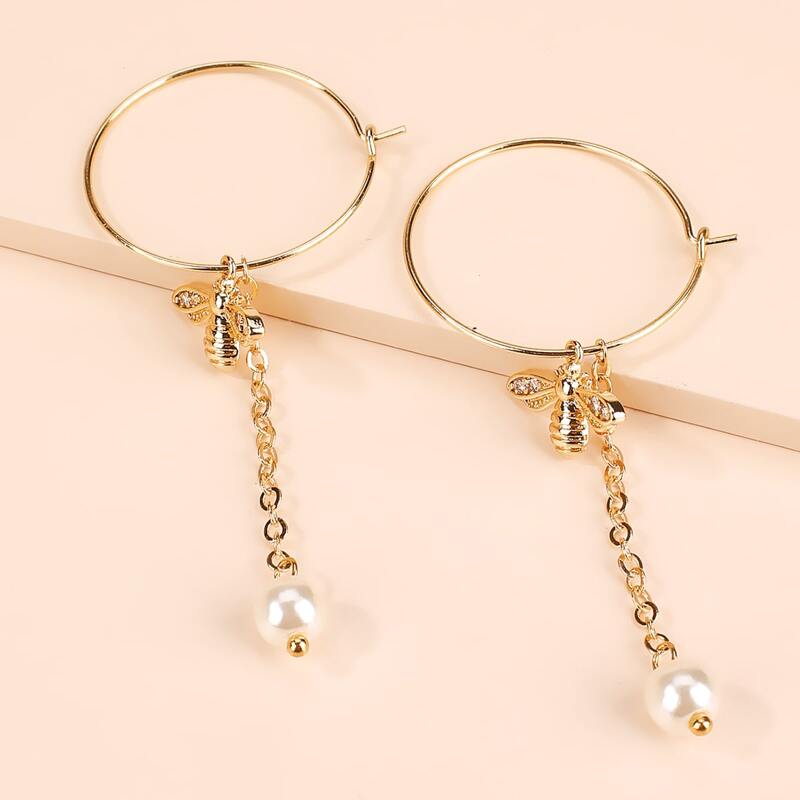 

Bee & Faux Pearl Hoop Earrings, Multicolor