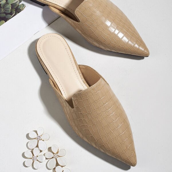 

Croc Embossed Flat Mules, Khaki