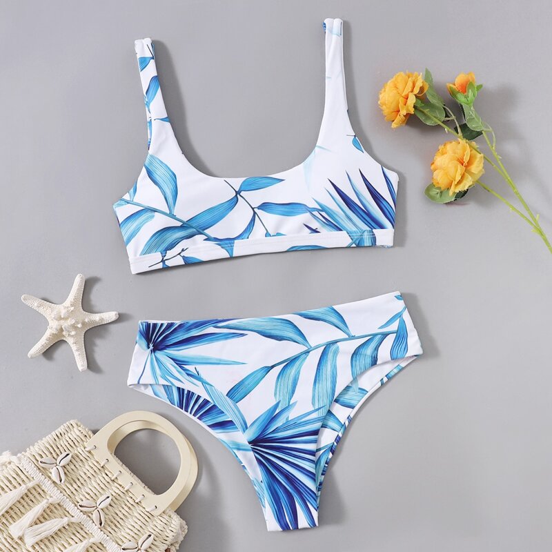

Leaf Print Tank Bikini Swimsuit, Blue and white