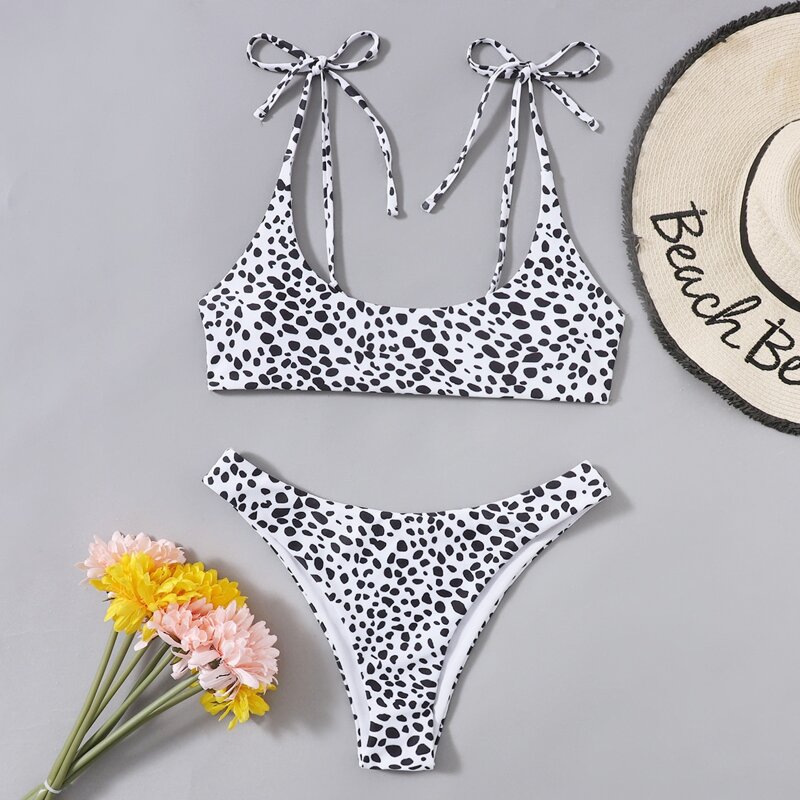 

Dalmatian Tie Shoulder Bikini Swimsuit, Black and white