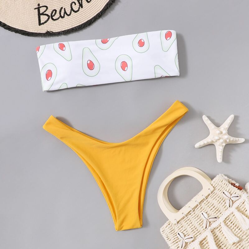 

Avocado Print High Leg Bikini Swimsuit, Multicolor
