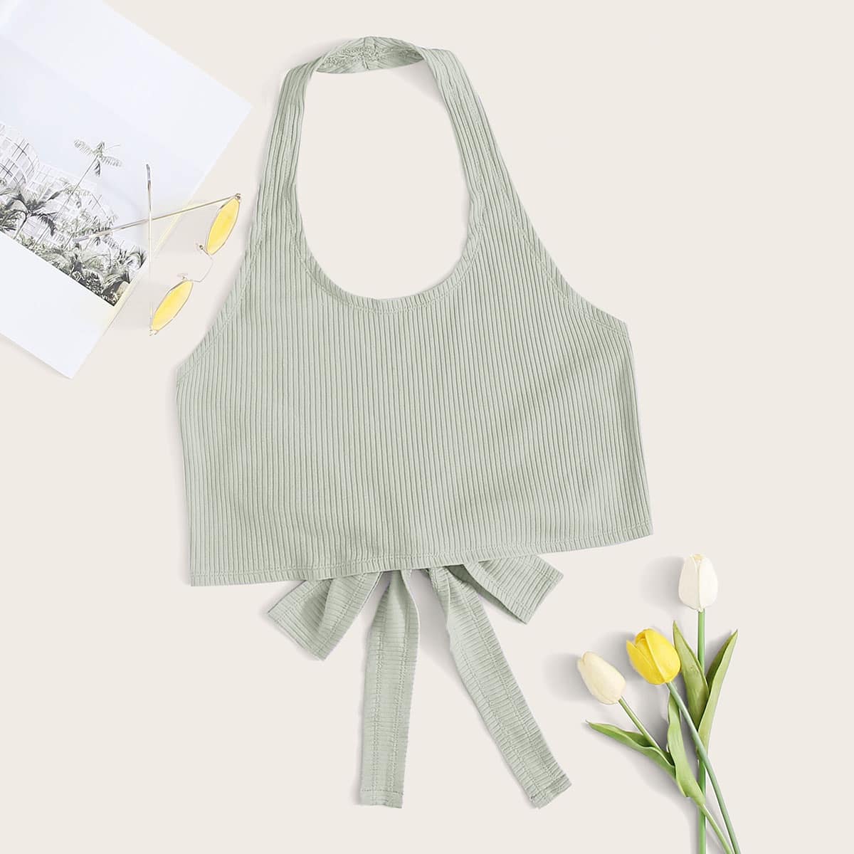 

Solid Tie Back Halter Ribbed Crop Top, Mint green