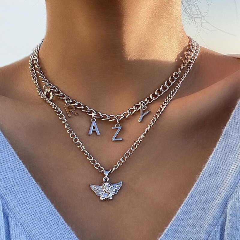 2pcs Angel & Letter Charm Necklace, Silver