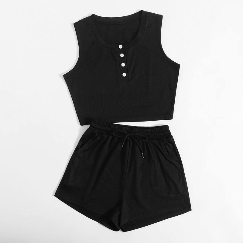 

Solid Button Ribbed Tank Top & Drawstring Shorts, Black