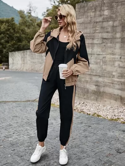 Mulvari Colorblock Hooded Zip Up Jacket & Sweatpants Set Fall Cloth For Women