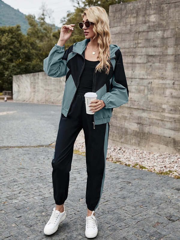 Mulvari Conjunto de chaqueta con capucha con cremallera y pantalones de chándal de bloques de color