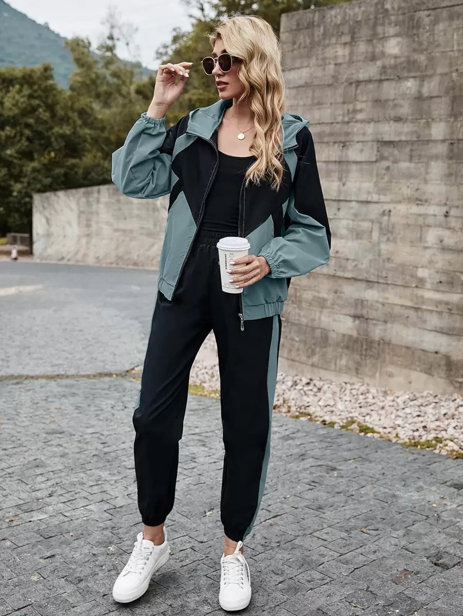 Mulvari Bộ áo khoác trùm đầu có khóa kéo Colorblock và quần nỉ - Nhiều màu - Xem 1