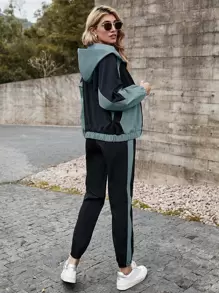 Mulvari Bộ áo khoác trùm đầu có khóa kéo Colorblock và quần nỉ - Nhiều màu - Xem 2