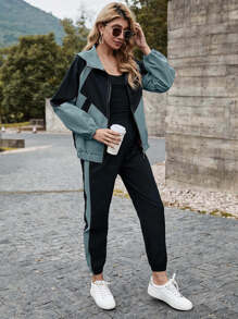 Mulvari Bộ áo khoác trùm đầu có khóa kéo Colorblock và quần nỉ - Nhiều màu - Xem 5