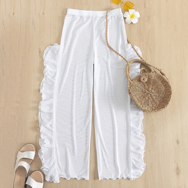 

Mesh Ruffle Trim Cover Up Pants, White