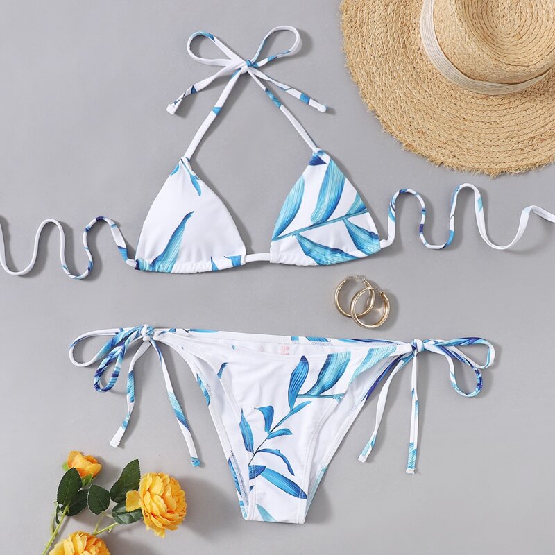 

Leaf Print Halter Tie Side Bikini Swimsuit, Blue and white