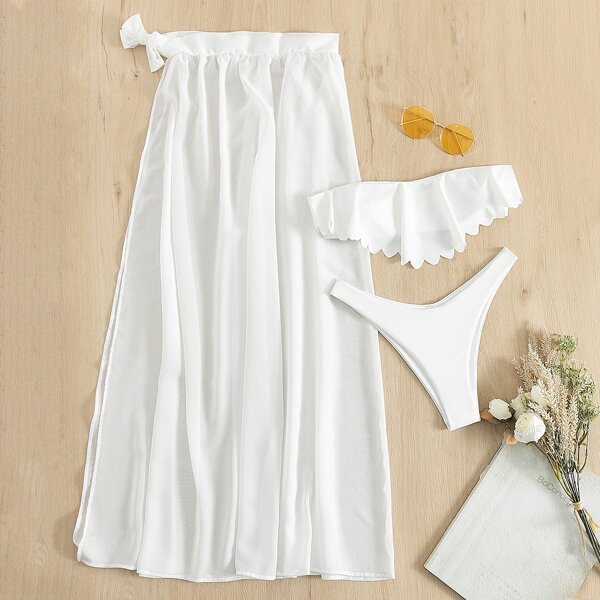 

3pack Bandeau Bikini Swimsuit With Cover Up Skirt, White
