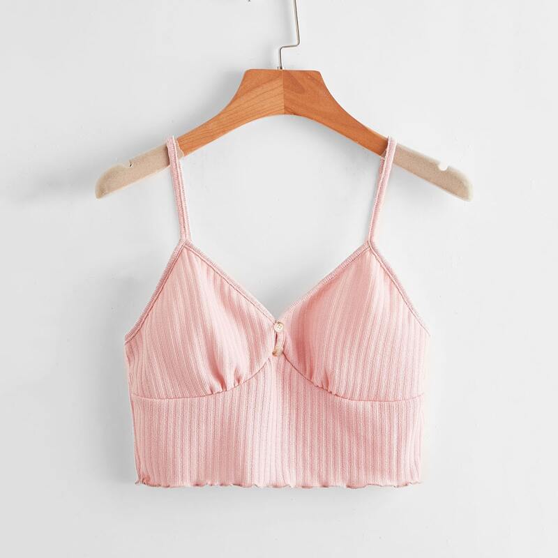 

Solid Ribbed Button Crop Cami, Baby pink