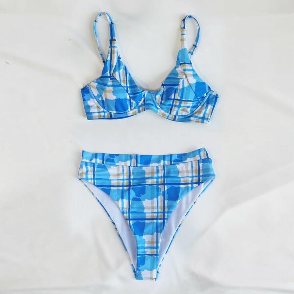 

Plaid Underwire High Waisted Bikini Swimsuit, Multicolor