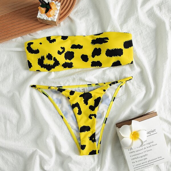 

Allover Print Bandeau Thong Bikini Swimsuit, Yellow