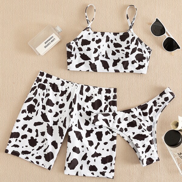 

3pack Cow Pattern Bikini Swimsuit & Swim Shorts, Black and white