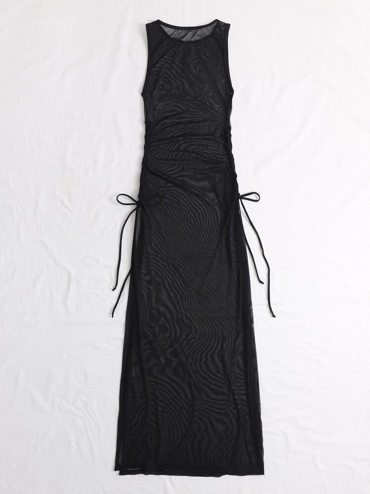 SHEIN Swim Chicsea Summer Beach Sheer Mesh Cover Up Without Bikini Set See Through Dresssheer Dressmesh Dresslong Dress With Slit - Black - View 2