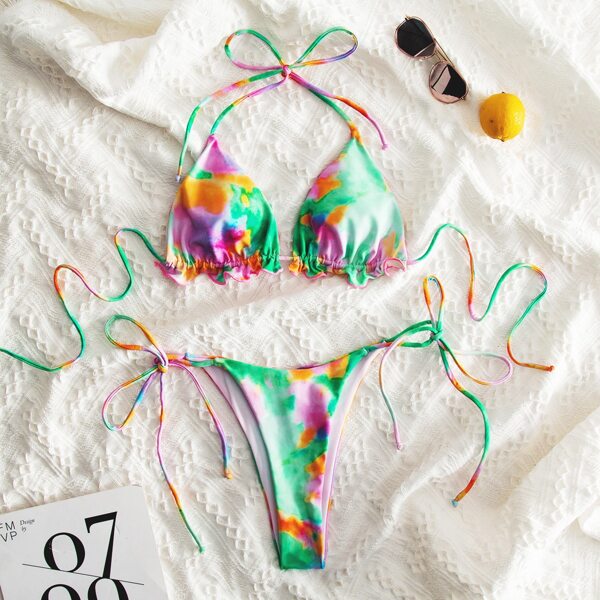 

Tie Dye Micro Triangle Tie Side Bikini Swimsuit, Multicolor