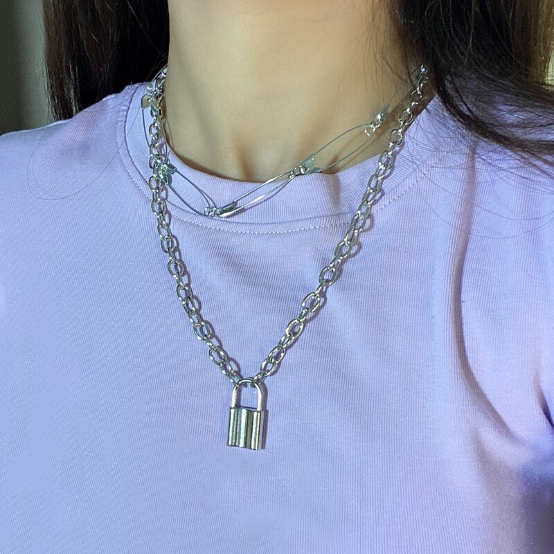 

2pcs Safety Pin & Lock Charm Necklace, Silver