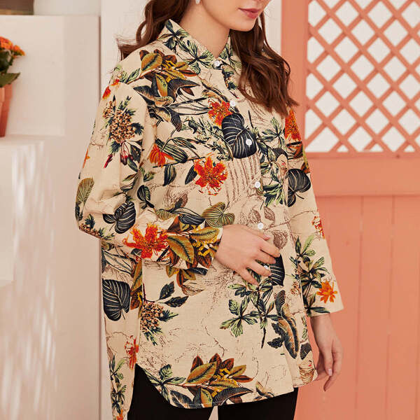 

Tropical Print Dip Hem Blouse, Multicolor