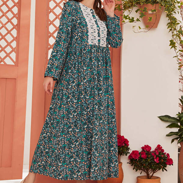 

Contrast Lace Ditsy Floral Print Smock Dress, Multicolor