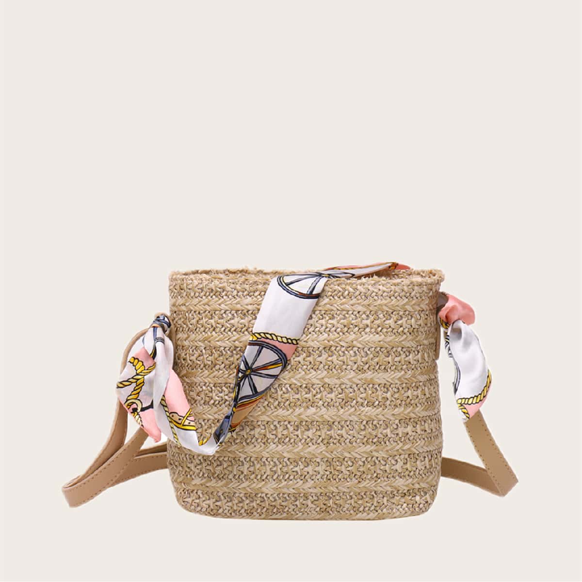 

Twilly Scarf Decor Straw Bag, Khaki
