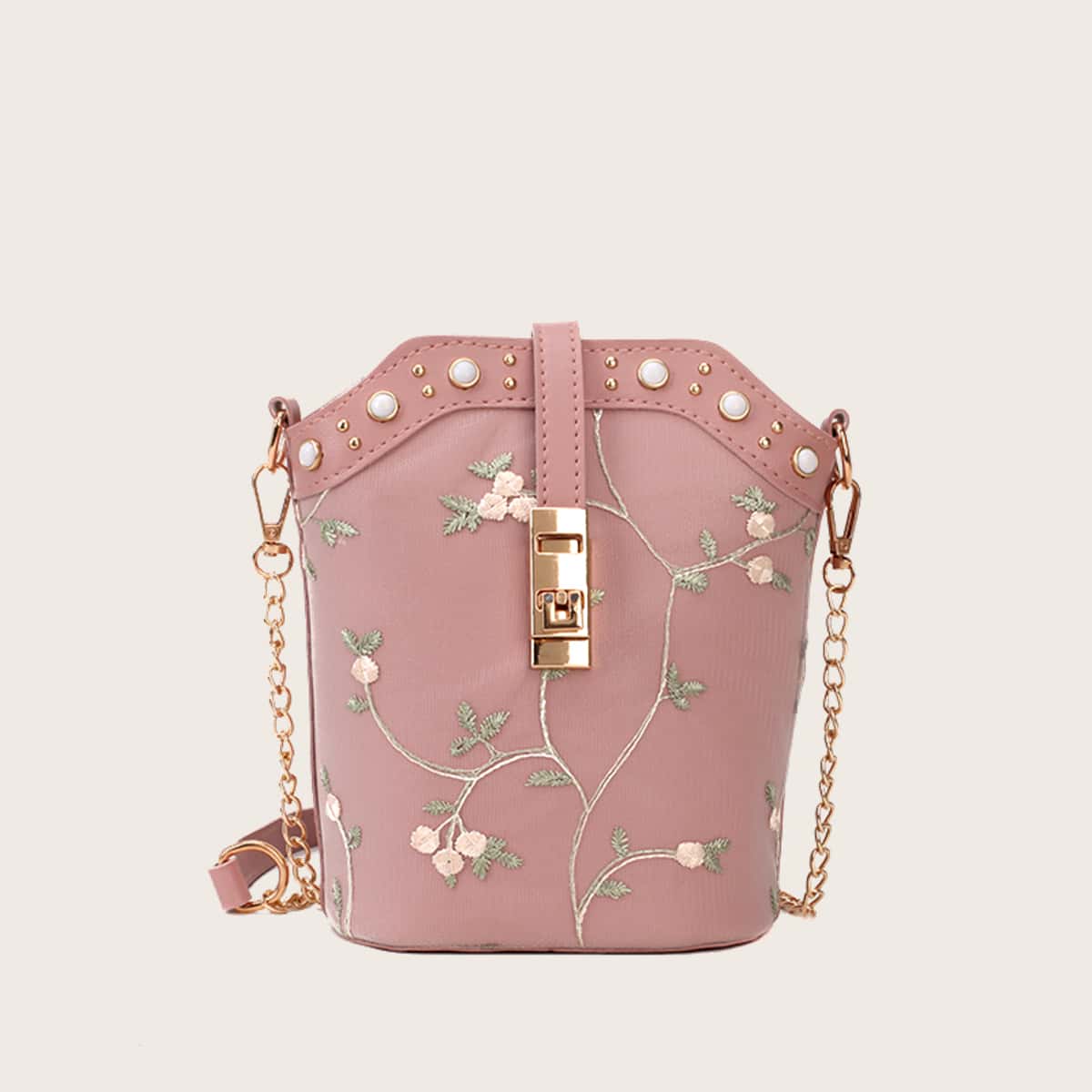 

Floral Embroidery Chain Bucket Bag, Dusty pink