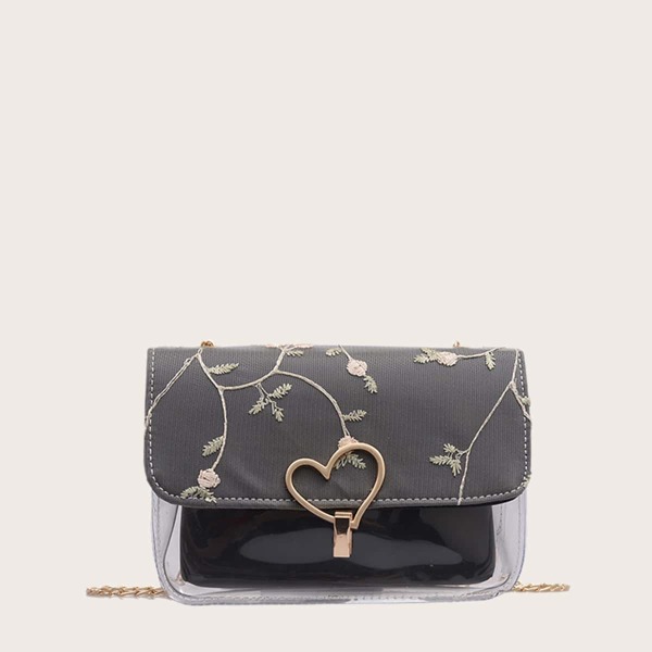

Girls Floral Embroidered Flap Chain Bag, Black