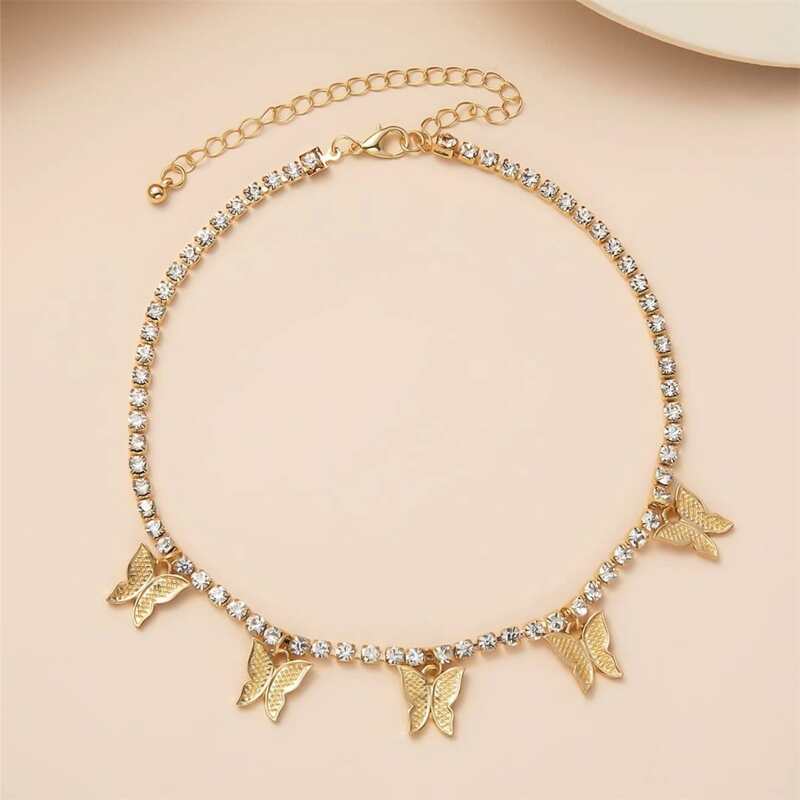 

Butterfly Charm Rhinestone Choker, Gold
