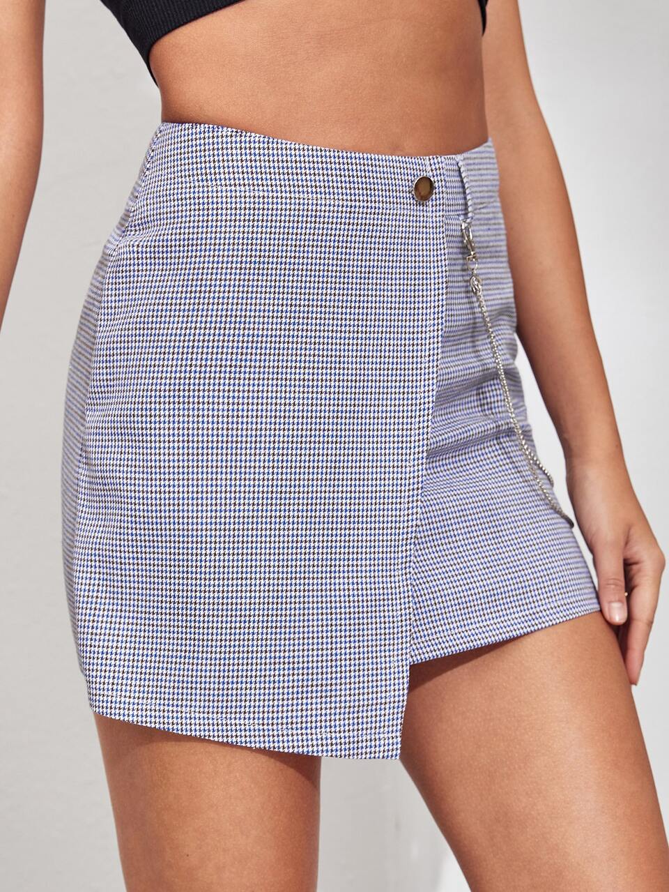 Wrap Asymmetrical Hem Houndstooth Skirt With Chain