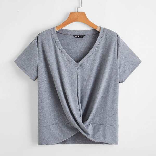 

Twist Front Rib-knit Tee, Grey