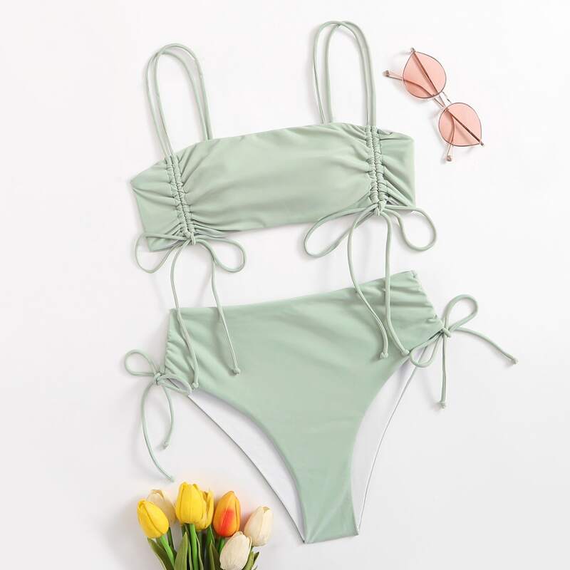 

Drawstring High Waist Bikini Swimsuit, Green