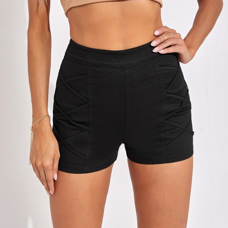 

Zip Back Crisscross Denim Shorts, Black
