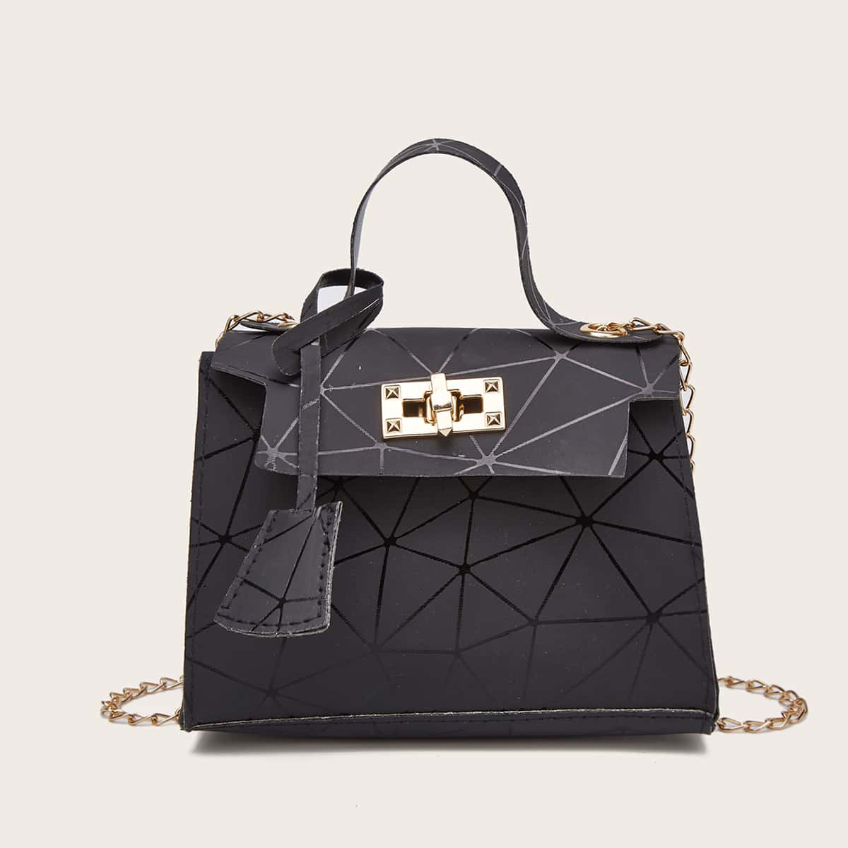 

Geo Graphic Chain Satchel Bag, Black