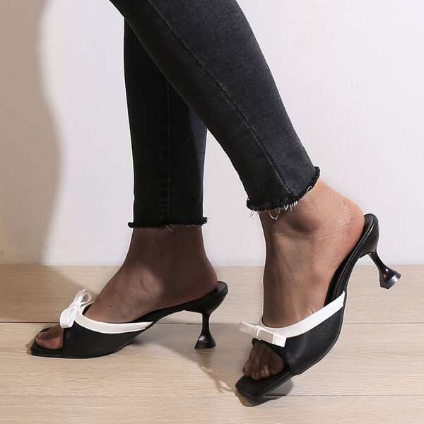 

Bow Decor Open Toe Mules, Black and white
